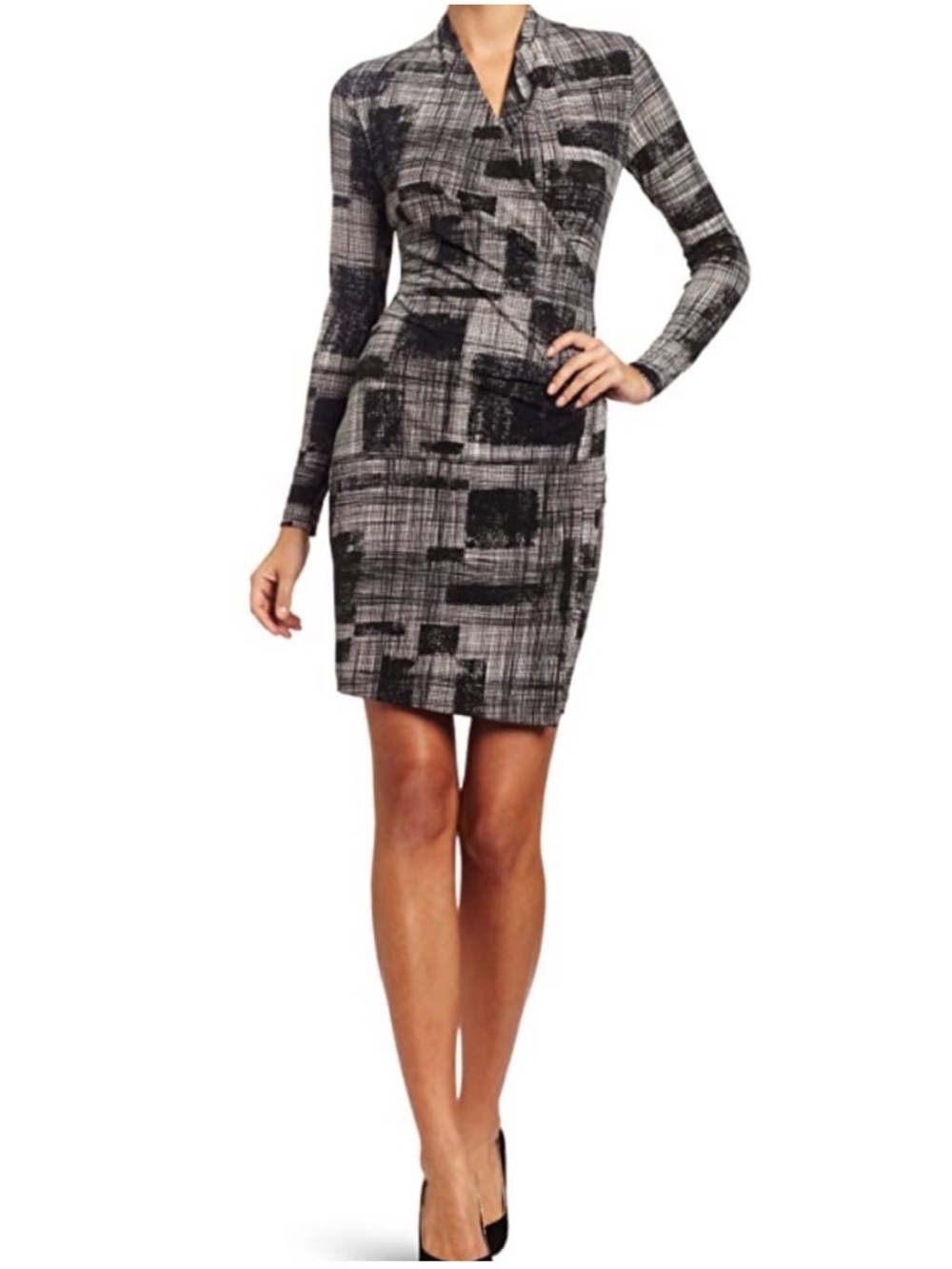 Kamali Kulture Faux Wrap Jersey Long Sleeve Side Draped Dress S Small Black Grid